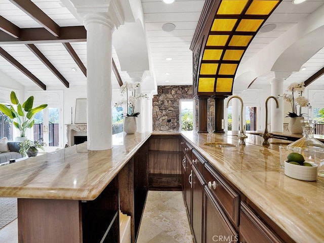 30461 Puerto Vallarta Dr, Laguna Niguel, CA 92677 - bar featuring ornate columns, a sink, wood ceiling, and recessed lighting