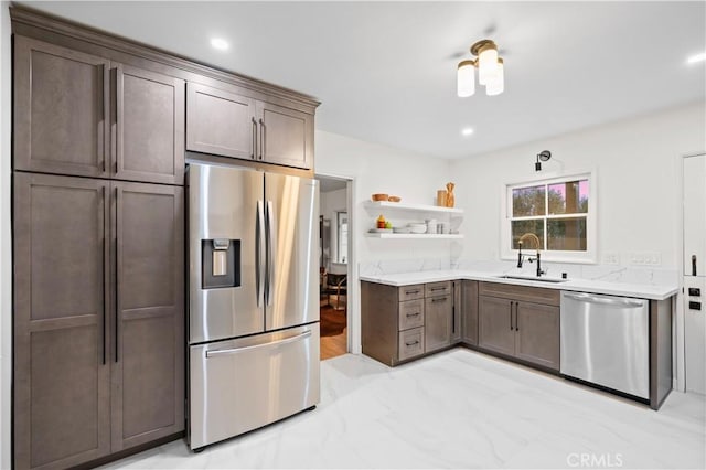 4000 Via Cardelina, Palos Verdes Estates, CA 90274 - kitchen with stainless steel appliances, a sink, open shelves, light marble finish floors, and recessed lighting