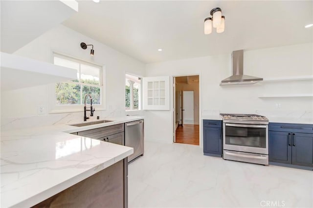 4000 Via Cardelina, Palos Verdes Estates, CA 90274 - kitchen with appliances with stainless steel finishes, wall chimney exhaust hood, a sink, light stone countertops, and light marble finish floors