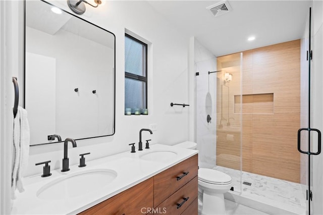 4000 Via Cardelina, Palos Verdes Estates, CA 90274 - bathroom featuring toilet, double vanity, a shower stall, and recessed lighting