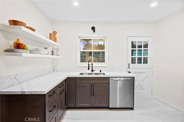 4000 Via Cardelina, Palos Verdes Estates, CA 90274 - kitchen featuring stainless steel dishwasher, open shelves, a sink, dark brown cabinets, and light marble finish flooring