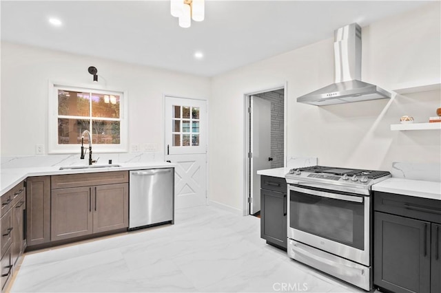4000 Via Cardelina, Palos Verdes Estates, CA 90274 - kitchen featuring stainless steel appliances, wall chimney exhaust hood, a sink, light marble finish flooring, and open shelves