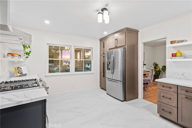 4000 Via Cardelina, Palos Verdes Estates, CA 90274 - kitchen with stainless steel refrigerator with ice dispenser, open shelves, light stone countertops, light marble finish floors, and recessed lighting