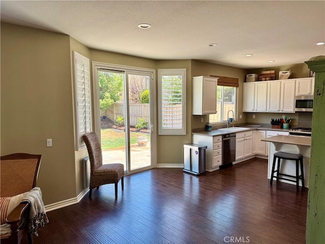 34238 Baja Ct, Lake Elsinore, CA 92532 - kitchen featuring appliances with stainless steel finishes, a sink, baseboards, dark wood finished floors, and recessed lighting