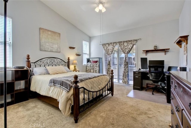 3311 Avocado Vista Ln, Fallbrook, CA 92028 - bedroom featuring a desk, lofted ceiling, carpet, access to outside, and ceiling fan