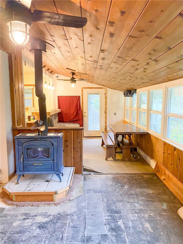 38703 State Highway 96, Klamath River, CA 96086 - kitchen with a wood stove, lofted ceiling, and wood ceiling