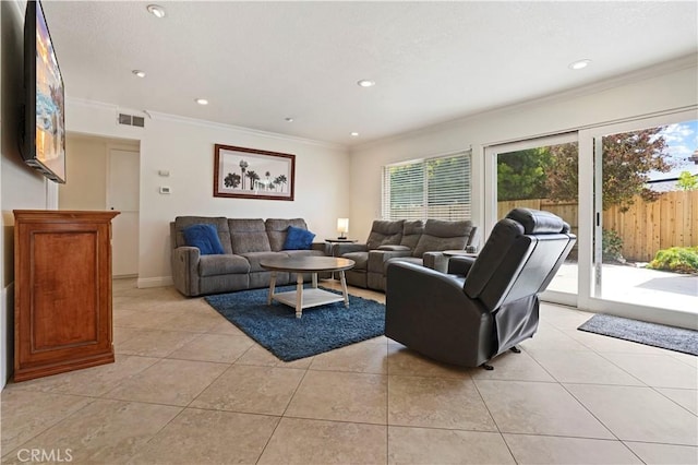 17882 Hallcroft Ln, Huntington Beach, CA 92647 - living area featuring light tile patterned floors, ornamental molding, and recessed lighting