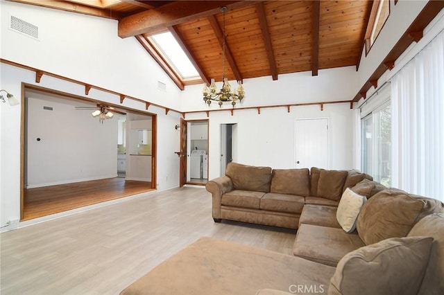 5655 Wish Ave, Encino, CA 91316 - living room with wood ceiling with exposed beams, light wood-type flooring, a chandelier, high vaulted ceiling, and washer / dryer