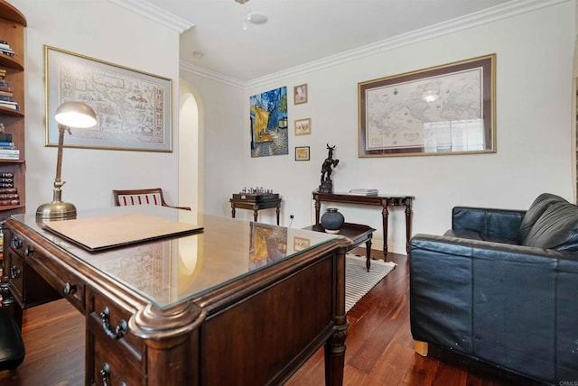 1327 Silver Hawk Way, Chula Vista, CA 91915 - office with arched walkways, crown molding, and dark wood finished floors