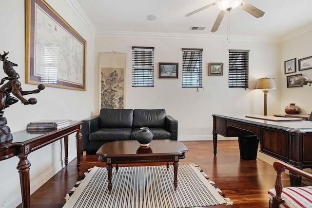 1327 Silver Hawk Way, Chula Vista, CA 91915 - living area with wood finished floors, a ceiling fan, and crown molding