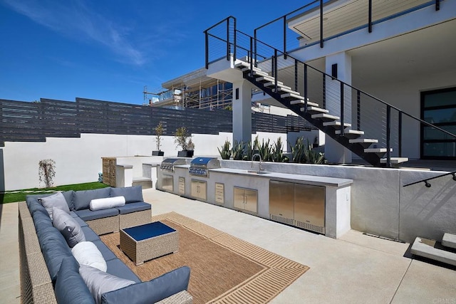 537 N Granados Ave, Solana Beach, CA 92075 - view of patio with outdoor lounge area, a sink, and stairs
