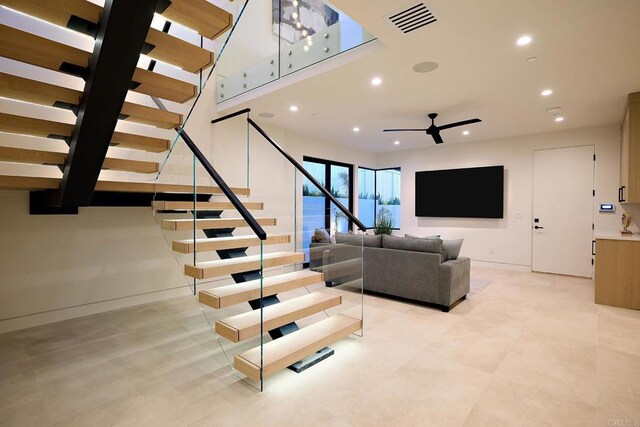 537 N Granados Ave, Solana Beach, CA 92075 - living room with ceiling fan, stairway, and recessed lighting