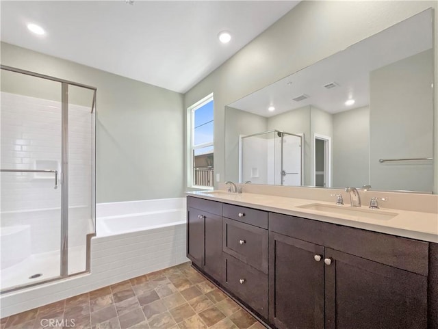 27117 Great Plains Ct, Menifee, CA 92585 - full bath featuring double vanity, a stall shower, a garden tub, and recessed lighting