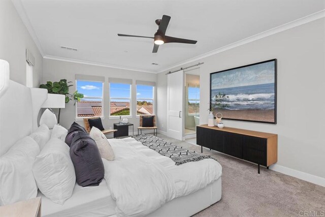 13403 Hudson Ln, San Diego, CA 92130 - bedroom featuring carpet flooring, crown molding, a ceiling fan, and ensuite bath