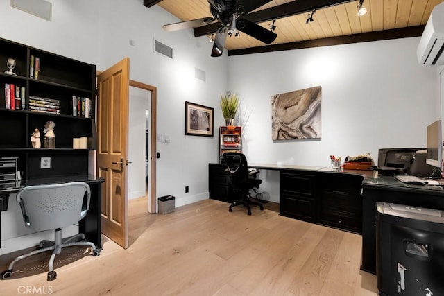 1180 Calle Pecos, Thousand Oaks, CA 91360 - office space featuring a wall unit AC, wood ceiling with exposed beams, ceiling fan, light wood-style flooring, and high vaulted ceiling