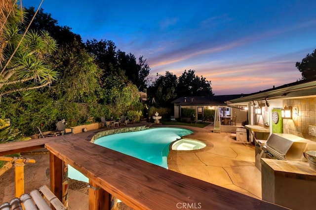 1180 Calle Pecos, Thousand Oaks, CA 91360 - pool at dusk featuring a patio and a pool with connected hot tub