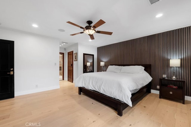 1180 Calle Pecos, Thousand Oaks, CA 91360 - bedroom with baseboards, light wood-style floors, recessed lighting, an accent wall, and ceiling fan
