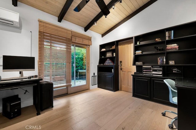1180 Calle Pecos, Thousand Oaks, CA 91360 - office space with wooden ceiling, light wood finished floors, an AC wall unit, and ceiling fan