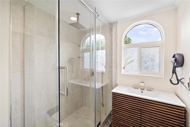 22621 Ridge Line Rd, Diamond Bar, CA 91765 - bathroom with a shower stall and crown molding