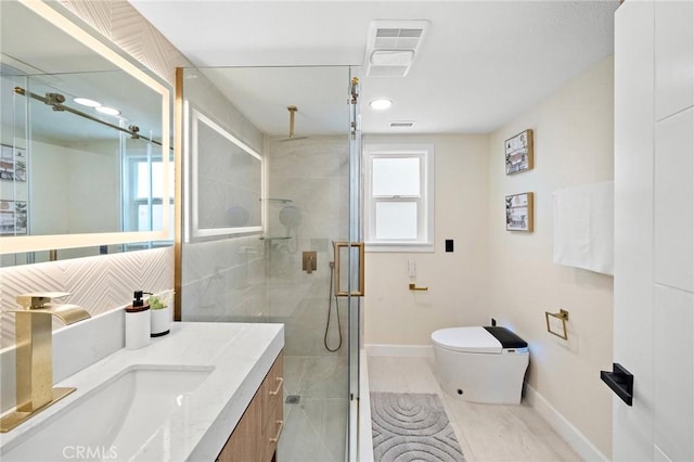 22621 Ridge Line Rd, Diamond Bar, CA 91765 - bathroom with vanity, a stall shower, toilet, baseboards, and tile patterned floors