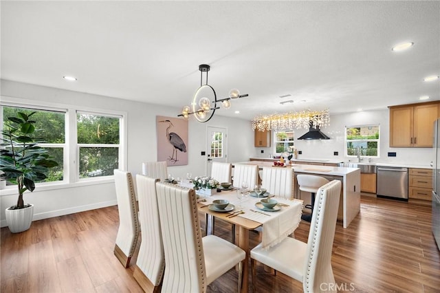22621 Ridge Line Rd, Diamond Bar, CA 91765 - dining space featuring recessed lighting, light wood-style floors, a chandelier, and baseboards