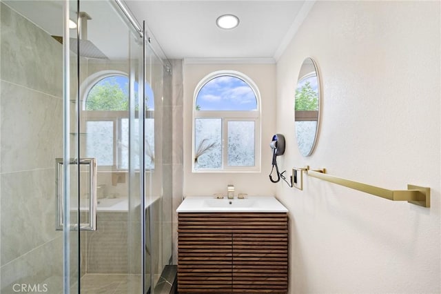 22621 Ridge Line Rd, Diamond Bar, CA 91765 - full bath featuring healthy amount of natural light, a stall shower, vanity, and ornamental molding