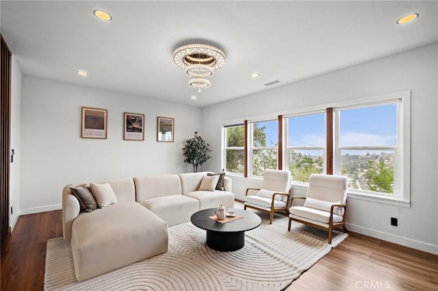 22621 Ridge Line Rd, Diamond Bar, CA 91765 - living room featuring baseboards, recessed lighting, wood finished floors, and a chandelier