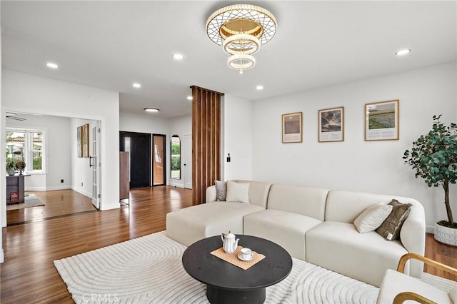 22621 Ridge Line Rd, Diamond Bar, CA 91765 - living room featuring healthy amount of natural light, wood finished floors, recessed lighting, a chandelier, and baseboards