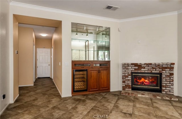 1550 Jameson Ct, Riverside, CA 92507 - bar area with wine cooler, baseboards, crown molding, and a fireplace