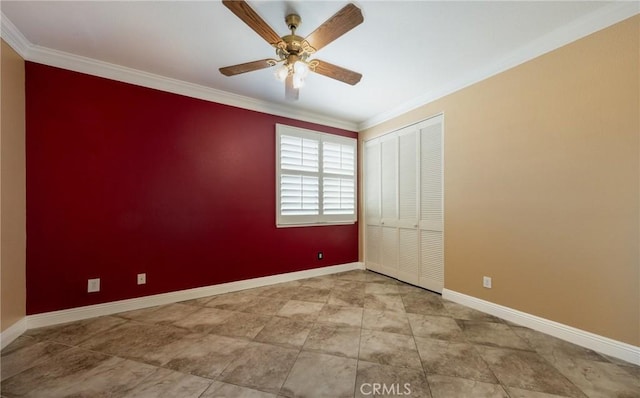 1550 Jameson Ct, Riverside, CA 92507 - unfurnished bedroom with ornamental molding, baseboards, a closet, and ceiling fan