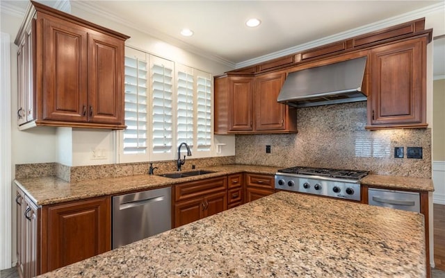1550 Jameson Ct, Riverside, CA 92507 - kitchen featuring wall chimney range hood, stainless steel appliances, a sink, light stone countertops, and backsplash