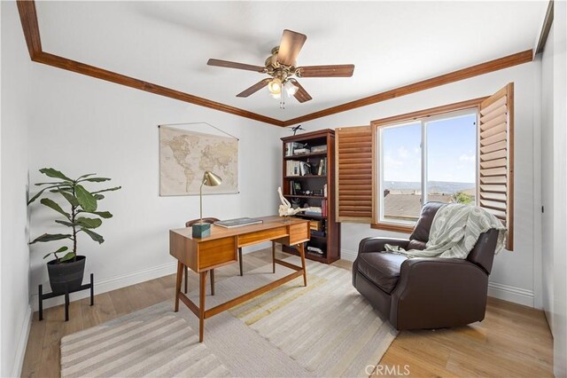 21035 Timber Ridge Rd, Yorba Linda, CA 92886 - office space featuring a ceiling fan, light wood-style floors, and crown molding