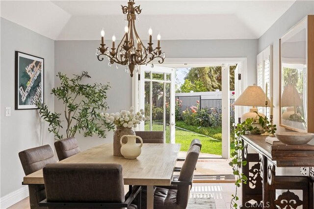 21035 Timber Ridge Rd, Yorba Linda, CA 92886 - dining space featuring vaulted ceiling and a chandelier