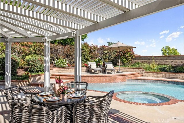 21035 Timber Ridge Rd, Yorba Linda, CA 92886 - view of swimming pool with a pergola, a patio, and a pool with connected hot tub