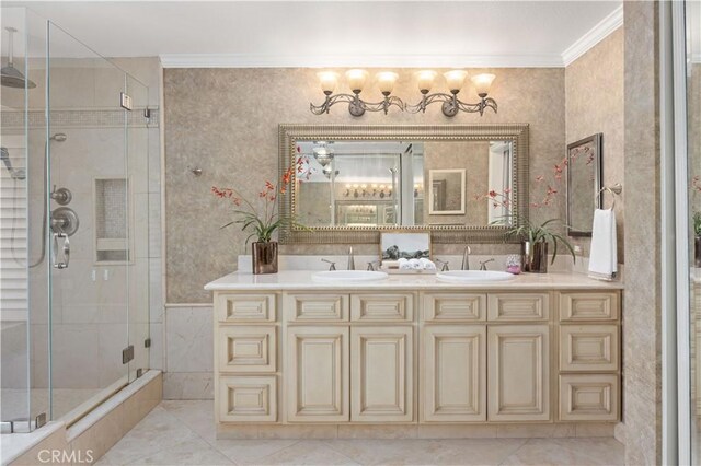 21035 Timber Ridge Rd, Yorba Linda, CA 92886 - bathroom with crown molding, a shower stall, and double vanity