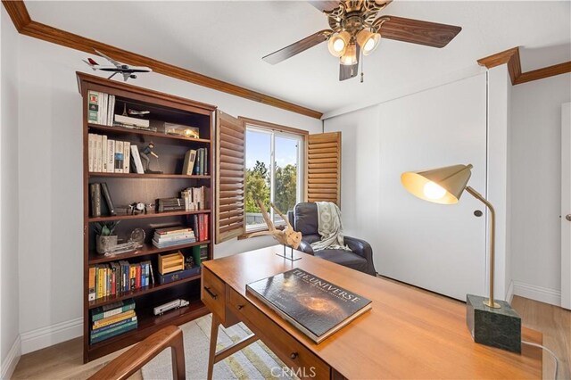 21035 Timber Ridge Rd, Yorba Linda, CA 92886 - office featuring crown molding, a ceiling fan, and light wood finished floors
