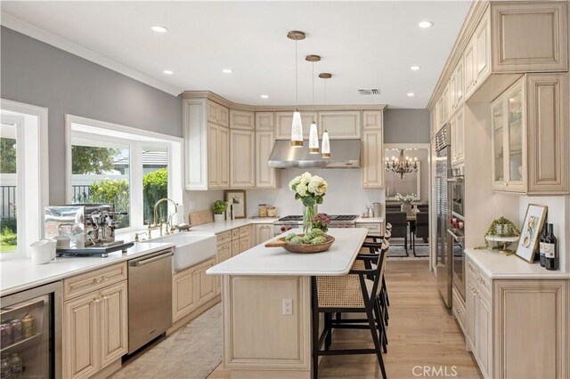 21035 Timber Ridge Rd, Yorba Linda, CA 92886 - kitchen with stainless steel appliances, under cabinet range hood, beverage cooler, light countertops, and plenty of natural light