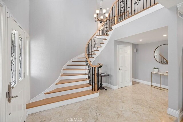 21035 Timber Ridge Rd, Yorba Linda, CA 92886 - foyer entrance with a high ceiling, stairway, a chandelier, and recessed lighting