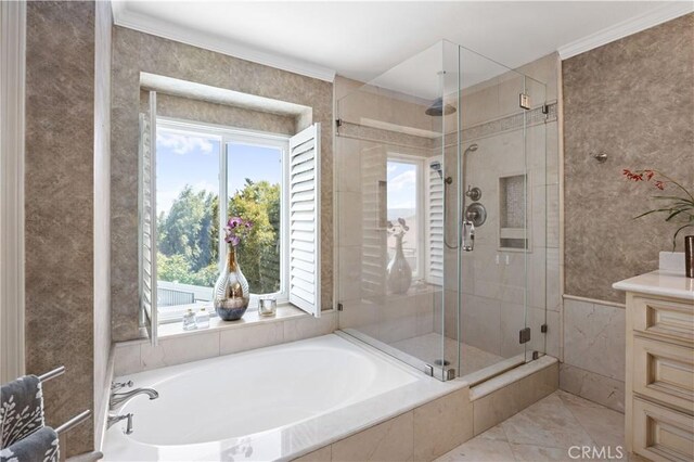 21035 Timber Ridge Rd, Yorba Linda, CA 92886 - bathroom featuring a bath, a stall shower, ornamental molding, and vanity