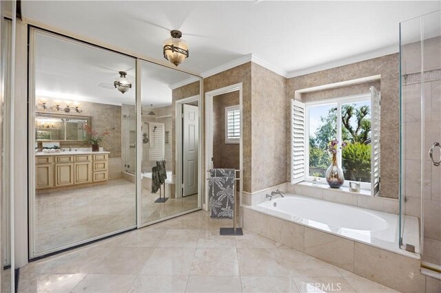 21035 Timber Ridge Rd, Yorba Linda, CA 92886 - bathroom with vanity, a bath, crown molding, ceiling fan, and a shower stall