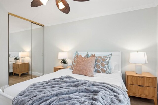 21035 Timber Ridge Rd, Yorba Linda, CA 92886 - bedroom with crown molding, wood finished floors, a closet, and ceiling fan