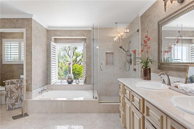 21035 Timber Ridge Rd, Yorba Linda, CA 92886 - bathroom with a garden tub, a stall shower, double vanity, and ornamental molding