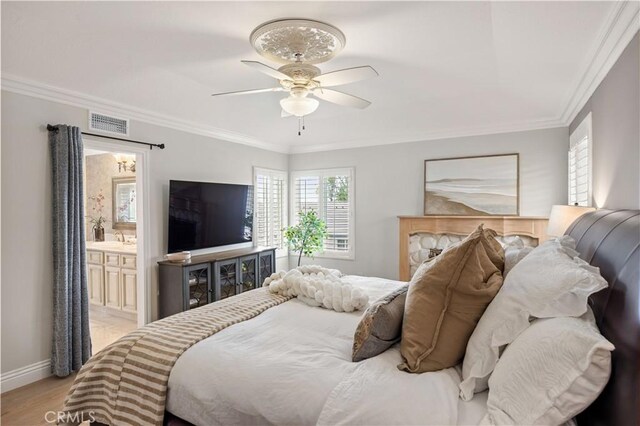 21035 Timber Ridge Rd, Yorba Linda, CA 92886 - bedroom featuring ornamental molding, light wood-style flooring, a ceiling fan, and connected bathroom