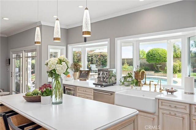 21035 Timber Ridge Rd, Yorba Linda, CA 92886 - kitchen with light countertops, recessed lighting, ornamental molding, decorative light fixtures, and a center island