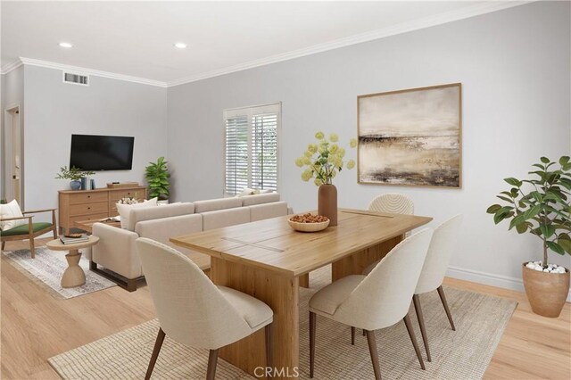 21035 Timber Ridge Rd, Yorba Linda, CA 92886 - dining room with light wood-style flooring, ornamental molding, and recessed lighting