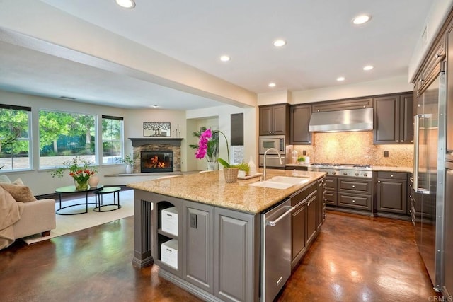 3518 Camino Cereza, Carlsbad, CA 92009 - kitchen with exhaust hood, open floor plan, concrete floors, stainless steel appliances, and recessed lighting