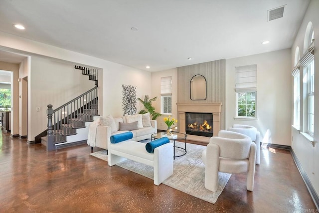 3518 Camino Cereza, Carlsbad, CA 92009 - living room with a large fireplace, stairs, plenty of natural light, finished concrete flooring, and recessed lighting