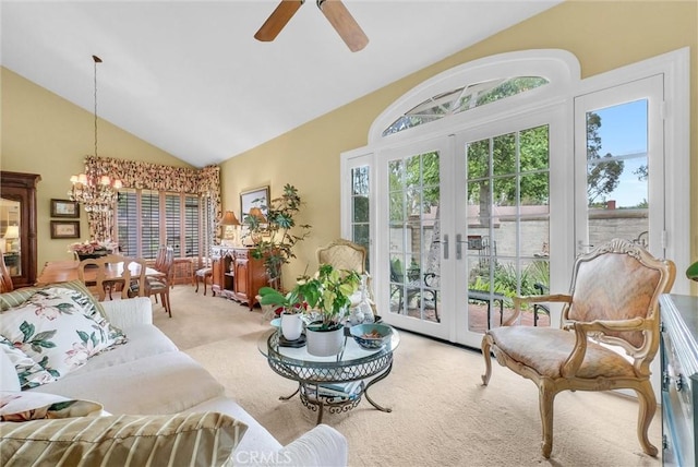 6232 E Shenandoah Ave, Orange, CA 92867 - living room featuring carpet, french doors, high vaulted ceiling, a chandelier, and ceiling fan