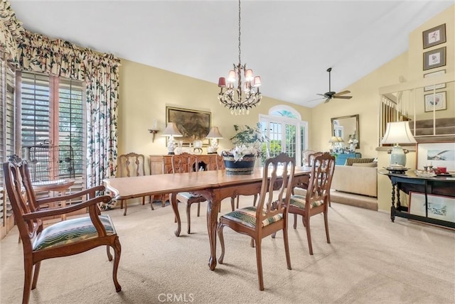 6232 E Shenandoah Ave, Orange, CA 92867 - dining space featuring light colored carpet, ceiling fan, a chandelier, and lofted ceiling