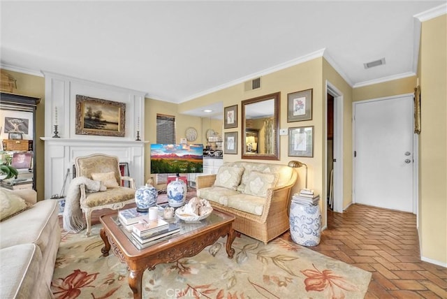 6232 E Shenandoah Ave, Orange, CA 92867 - living area featuring brick floors, a large fireplace, and ornamental molding
